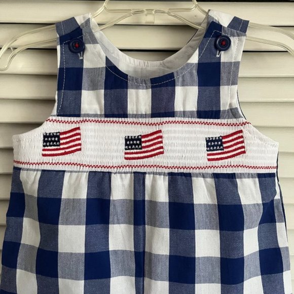 NEW with tags Good Lad American flag gingham smocked shortall boy’s sz 12 months - Picture 5 of 14